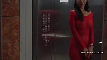 Preview 1 of American Vergin - Red transparent dress in public