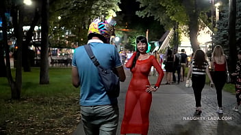 Preview 4 of American Vergin - Red transparent dress in public