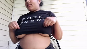 Preview 2 of Anri Okita Cumshot - Exhibitionist Indian Slut Bounces her Big Tits Outside