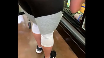Preview 4 of Aunty Hot Aunty Brazzer Video - Big booty slut in see through leggings at store showing thong