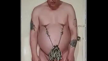 Preview 3 of Bride Creampie - Chastity Cage and man boob stretching with heavy chains