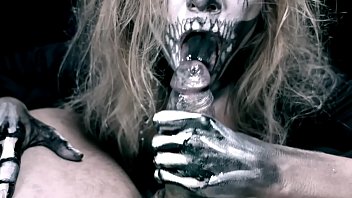 Preview 4 of Asian Vs Negri Monster - Skeleton girl sucks cock. Horror halloween