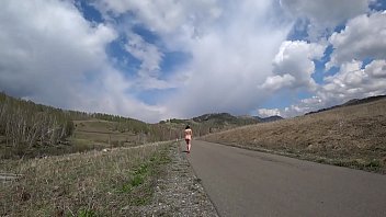 Preview 3 of Labanan Sex - Outdoor exhibitionism. A completely naked babe with a sexy figure,  juicy PAWG,  and hairy pussy walks in high-heeled sandals on the road. Amateur fetish.