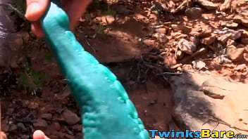 Preview 3 of Maen Bolah - Emo twink bare banging tight bottom in forest threesome