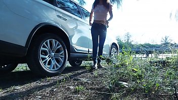 Preview 1 of City Japanese - Piss Stop - Urgent Outdoor Roadside Pee and Cock Sucking by Asian Girl Tina in Blue Jeans