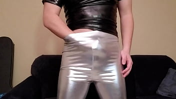 Preview 3 of Gambar Bogel Wanita Mengandung - Spandex boy masturbating in silver lycra leggings
