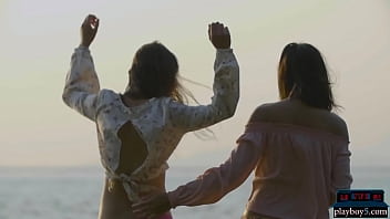 Preview 1 of Step Fapugther - Lesbian Asian and European girlfriends playing in the ocean