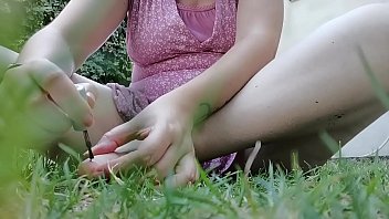 Preview 4 of Czech Mega Boys Part 2 - Nicoletta puts nail polish on her perfect feet in a public garden would you like to lick them all?
