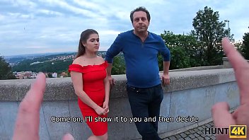 Preview 2 of Mom Son Anal Orgasm - HUNT4K. Sweet pale-skinned lady in red dress gets fucked in front of her step dadd