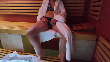 Preview 1 of Www Xnx 420 - SQUIRT orgasm in the PUBLIC SAUNA!!! Wet Pussy and Ass Fingered front a stranger - REAL very risky with people near - MissCreamy