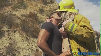 Preview 1 of Alura Jenson To Son - Busty trans firefighter bareback rides