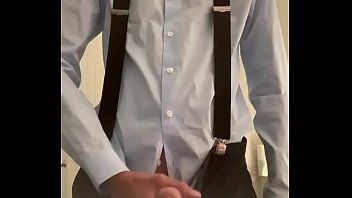 Preview 2 of White Man Fun With Hot Boobs - Teen wanking in formal outfit with suspenders on