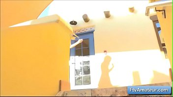 Preview 1 of Nobeel Filme Nf - Cutie horny blonde teen amateur Alana fucks her juicy bald pussy deep and hard with purple dildo outdoors