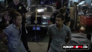 Preview 2 of Hands Job Cum Shot - Black suspect is sucking this naughty MILF&#039_s nipples after being arrested.