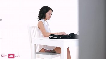 Preview 1 of Painful Cream Pies - Skinny brunette Kris the Foxx in high heels sucks his cock and gets fucked in an armchair