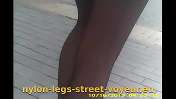 Preview 1 of Black Creampie White - Nylon and leggings together on a street
