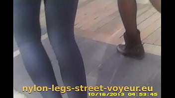 Preview 4 of Black Creampie White - Nylon and leggings together on a street