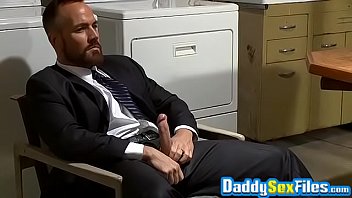 Preview 2 of Xxxx Bq - Guy In Suit Rides Big Cock While Voyeuristic Studs Jerk Off