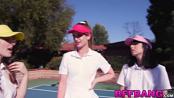Preview 1 of Step Kom Jerk Cum Under Table - Teens turn a tennis match into reverse gangbang