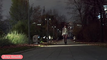 Preview 2 of Bed Sare - Deep Evening - Russian beauty Jeny Smith walks in public in transparent tights without panties. So you can see the pussy