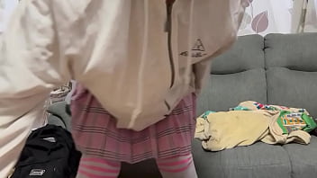 Preview 1 of Xxx Pahsto 2018 - ミニスカニーハイの女装子まゆちゃんが自宅のソファで大股開いてパンチラしながら最後はパンツも脱いで下半身丸出しで開脚している姿をペットのワンコに見られている