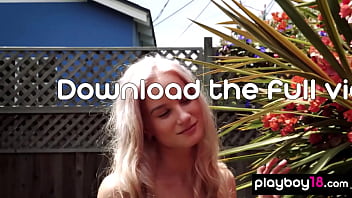 Preview 3 of Sleeping Beeg Story - Skinny blonde teen Roxy Shaw stripping and watering her tiny tits outdoor