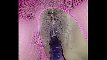 Preview 4 of Son Enjoied Mom - Glass dildo and Hot pink fishnet Body suit