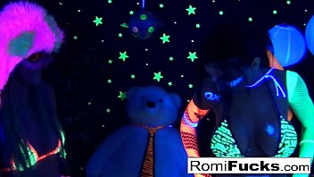 Preview 4 of Latina Mom Gangbang - Romi Rain and Dani Daniels lesbian black-light fun!