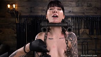 Preview 1 of Fucking In Red Silk Dress - Tattoed slave is tormented in devices