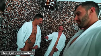 Preview 3 of Vodar Ros - (Tony,  Vito,  Dom Ully,  Ryu) and Ryan Cage going at it in sauna - Reality Dudes