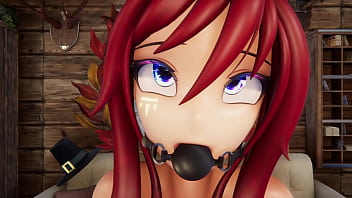 Preview 1 of Oral Fuck - Hentai Vtuber Elfie Love squirts w/ dildo in black latex suit and ball gag (3D / VRCHAT / MMD)