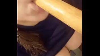 Preview 1 of Advance Porn - Slutty Teen Sucks A Wooden Dildo For Fun