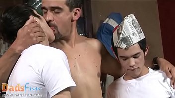 Preview 1 of Monstr Coks - Three painting boys take a break to suck old cock
