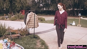 Preview 1 of Instead Aante - Redhead teen meets a beautiful shemale through a mirror