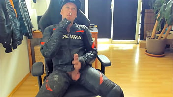 Preview 1 of Gymnastic Dance Story - Jerk-off and cumshot in dirty biker leather while smoking