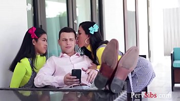 Preview 1 of 720 P Sex - step Sisters Take Advantage Of Poor Connections By Seducing Him