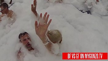 Preview 1 of Traserina En Jeans - Boyfriend VS Girlfriend: Titus Steel vs Jasmine Rouge Have Public Sex During A Punta Cana Foam Swimming Pool Party