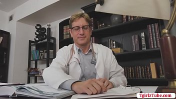 Preview 1 of A Couple Of Teenager He - Busty tattooed Tgirl Nurse Chelsea Marie teases and bangs Dr Damien