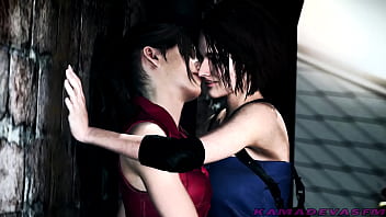 Preview 2 of Elf Dildo - Resident Evil : Claire &amp_ Jill Lesbian Kissing | KamadevaSFM