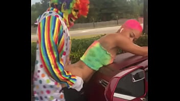 Preview 4 of Melanie Got Tag Teamed - Gibby The Clown fucks Jasamine Banks outside in broad daylight