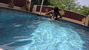 Preview 2 of Xxl Beeg Com - Black Milf Flower gets fucked in the pool,  older guy sucks her titties and cum in her pussy