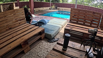 Preview 3 of Xxl Beeg Com - Black Milf Flower gets fucked in the pool,  older guy sucks her titties and cum in her pussy