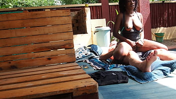 Preview 4 of Xxl Beeg Com - Black Milf Flower gets fucked in the pool,  older guy sucks her titties and cum in her pussy