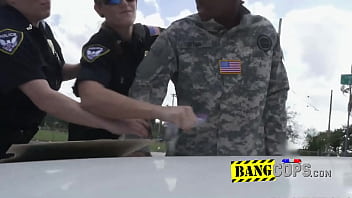 Preview 2 of Big Labia Piture - Counterfeit soldier is taken to a spot by perverted milf cops