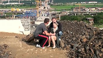 Preview 1 of Squetring Sex - A cute blonde girl is fucked by 2 guys at a construction site