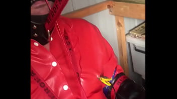 Preview 2 of Tight Jeans Women Fuck - Rubber gimp strapped to chair,  Butt plug inflated huge,  electro nipples zapping