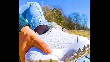 Preview 2 of Hot Aged - Shoeplay Dipping Girl slips out of her sweaty stinky Nylons sneakers Feet footfetish clip video foot toe