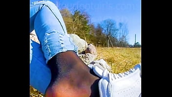 Preview 3 of Hot Aged - Shoeplay Dipping Girl slips out of her sweaty stinky Nylons sneakers Feet footfetish clip video foot toe