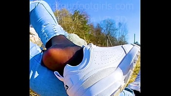 Preview 4 of Hot Aged - Shoeplay Dipping Girl slips out of her sweaty stinky Nylons sneakers Feet footfetish clip video foot toe