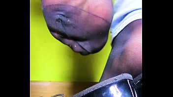 Preview 2 of Babita Babita - Girl shoeplay sweaty stinky nylons feet plays with her black lacquer ballerinas flats shoe play